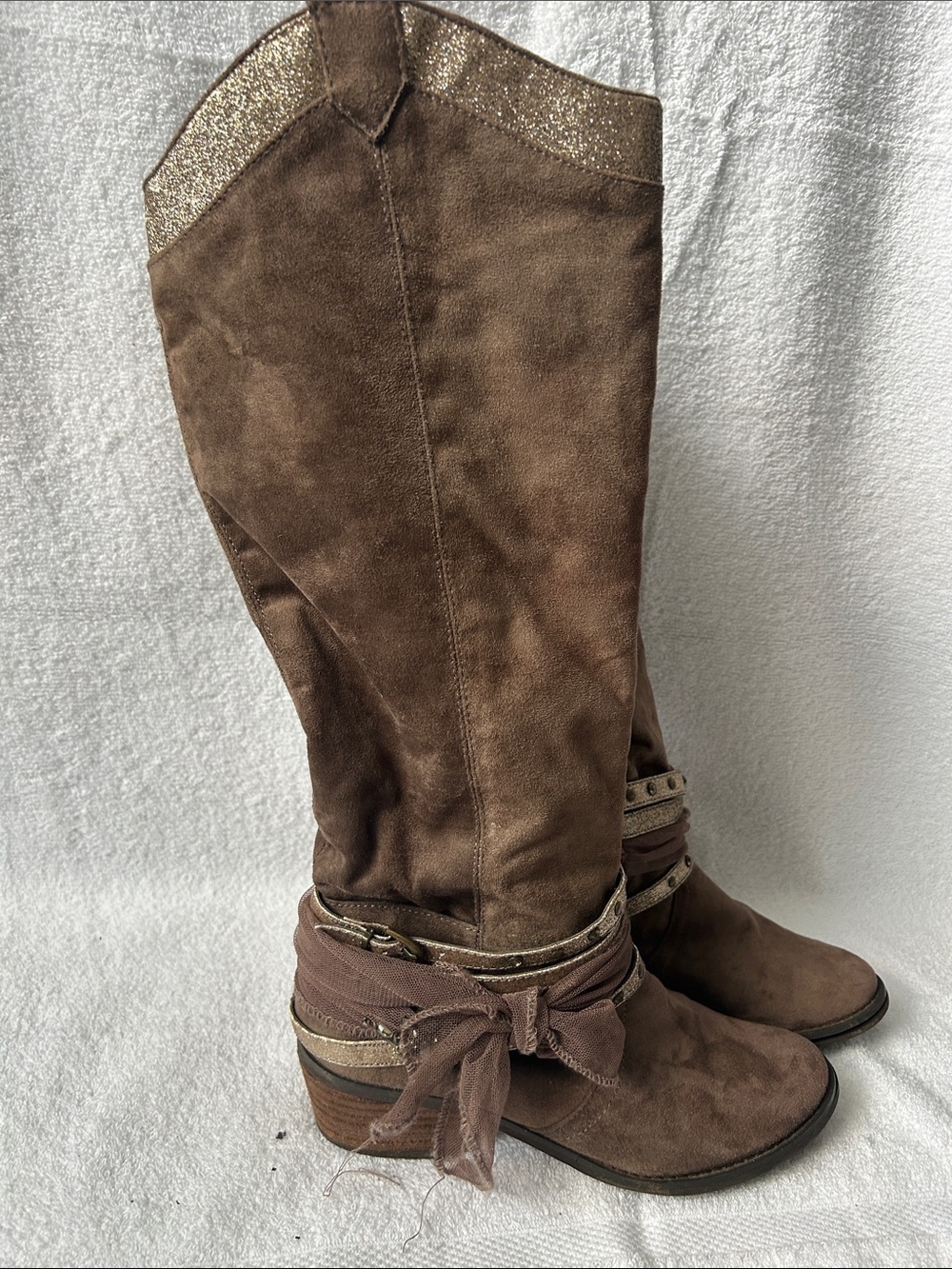 Not Rated Brown Suede Mid-Calf Boots with Metallic Trim